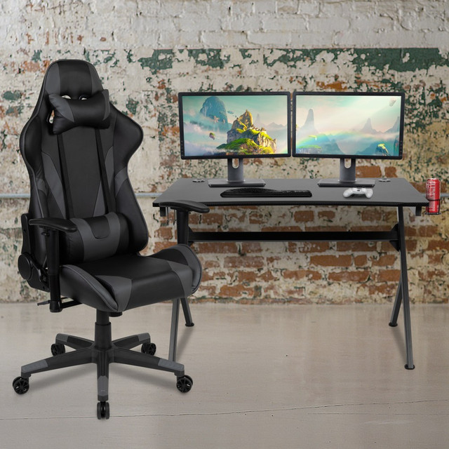FLASH FURNITURE BLNX20D1904GY  Gaming Desk And Reclining Chair Set With Cup Holder, Headphone Hook & 2 Wire Management Holes, Gray