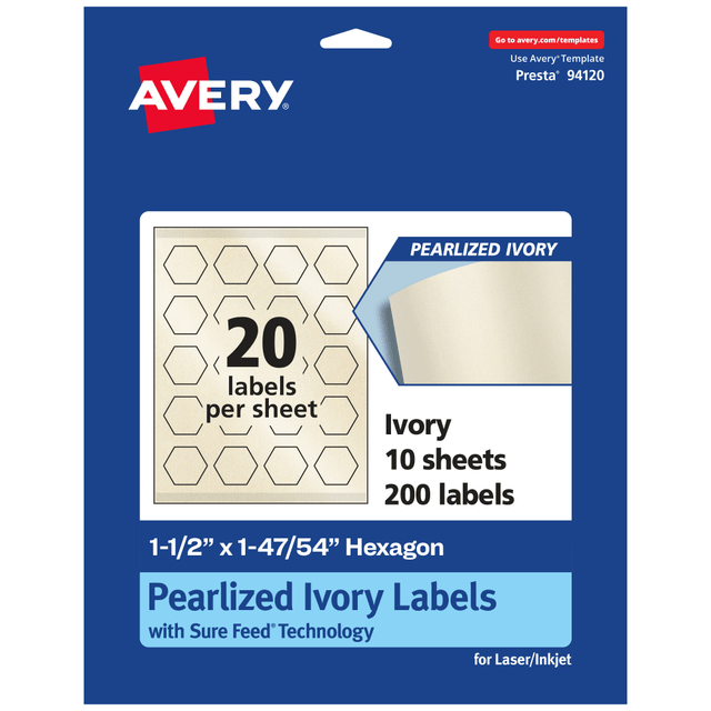 AVERY PRODUCTS CORPORATION 94120-PIP10 Avery Pearlized Permanent Labels With Sure Feed, 94120-PIP10, Hexagon, 1-1/2in x 1-47/54in, Ivory, Pack Of 200 Labels AVERY PRODUCTS CORPORATION 94120-PIP10 Avery Pearlized Permanent Labels With Sure Feed, 94120-PIP10, Hexagon, 1-1/2in x 1-47/54in, Ivory, Pack Of 200 Labels