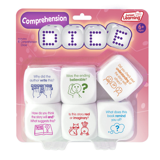 Comprehension Dice are a collection of six soft dice for discussing the meaning of text.  Teach building skills in comprehension with six dice.  Die face include questions and statements.  Photographic images used throughout.  Six soft dice with real images make dice games fun and engaging.  Supports development of verbal and creative skills.