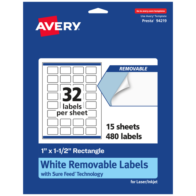 AVERY PRODUCTS CORPORATION 94219-RMP15 Avery Removable Labels With Sure Feed, 94219-RMP15, Rectangle, 1in x 1-1/2in, White, Pack Of 480 Labels