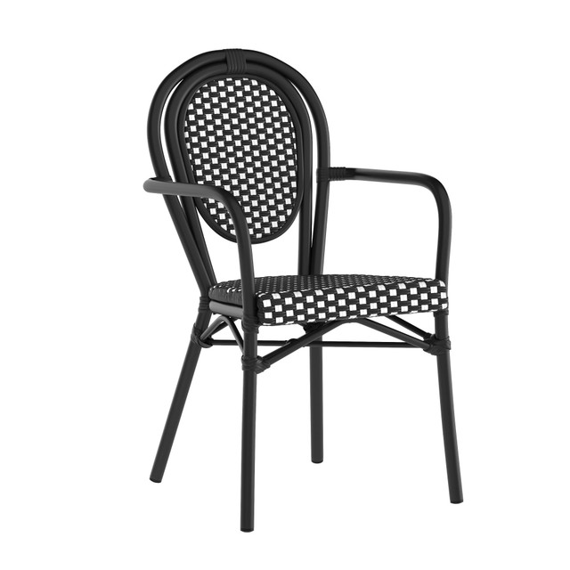 FLASH FURNITURE SDA6422ABKWBK Lourdes Indoor/Outdoor Commercial Thonet Bistro Stacking Chair with Arms, PE Rattan and Aluminum Frame, Black & White/Black Frame FLASH FURNITURE SDA6422ABKWBK Lourdes Indoor/Outdoor Commercial Thonet Bistro Stacking Chair with Arms, PE Rattan and Aluminum Frame, Black & White/Black Frame