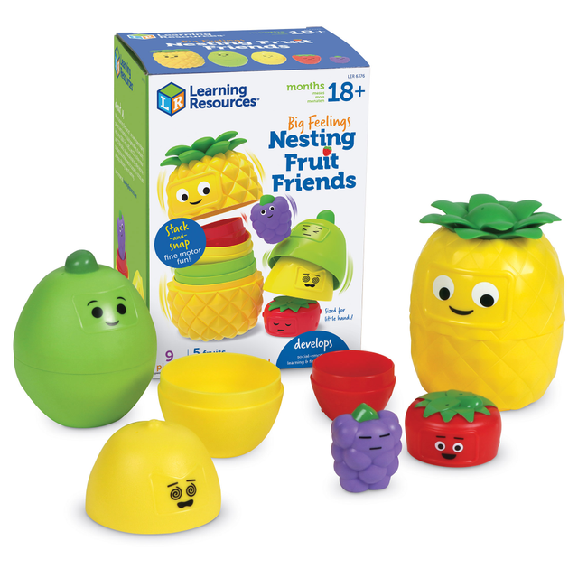Watch as students build their social and fine motor skills with the Learning Resources Big Feelings Nesting Fruit Friends. The double-sided fruit faces introduce kids to 10 unique emotions, and the textured surfaces encourage sensory development.  Helps kids develop social and fine motor skills.  Double-sided fruit faces introduce 10 emotions to kids, letting them compare and contrast opposite emotions.  Textured surfaces allow for sensory play.