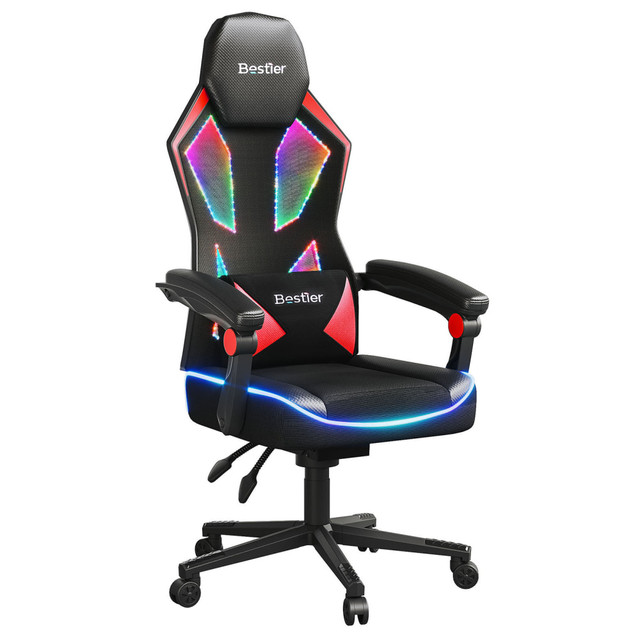 SHENZHENSHI SHUSHIKONGJIAN JIAJU YOUXIANGONGSI H200162A-GMBR Bestier Ergonomic Gaming Chair With Integrated LED Lights, Black/Red SHENZHENSHI SHUSHIKONGJIAN JIAJU YOUXIANGONGSI H200162A-GMBR Bestier Ergonomic Gaming Chair With Integrated LED Lights, Black/Red