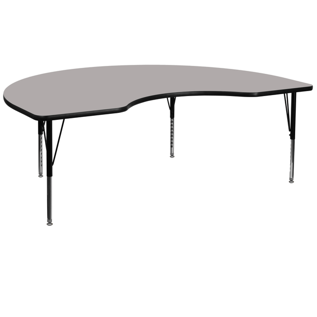 You can create an exciting learning environment with help from the Flash Furniture High-Pressure Laminate Kidney Activity Table With Height-Adjustable Short Legs. The kidney-shaped table offers space for up to 8 children and features height-adjustable legs to change based on the grade level. The high-pressure laminate surface is designed to protect against stains and scratches.  16 gauge tubular steel legs with powder-coated upper legs and chrome lower legs.  1-1/4in-thick high-pressure laminate top features a scratch- and stain-resistant surface and a protective edge band.  Legs adjust in 1in increments and feature self-leveling nylon floor glides.  Seats up to 8 children and features a 30inW opening size.  Backed by the manufacturers 15-year limited warranty.  This product is heavy and/or oversized and may need more than one person to handle.