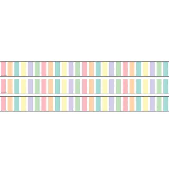 Decorate your classroom with the Teacher Created Resources Straight Rolled Border Trim. Made with tough paper material, this trim gives your room a fun, colorful look.  Paper can withstand the whole school year.  Can be mixed and matched with other border trim for a unique look.  Rolls can be cut to the desired size.  Pastel stripes design.