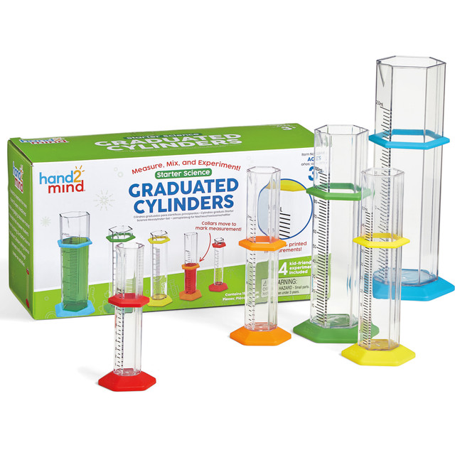Use the Hand2Mind Starter Science Graduated Cylinders 15-Piece Set to help young scientists learn to pour, measure and explore. This set includes 5 graduated cylinders, 5 sliding collars and 5 sturdy bases for accurately measuring liquids.  Graduated cylinders made of clear, durable plastic for lasting use.  Easy-to-read measurement marks and a sliding collar help children accurately measure liquid levels.  Cylinders rest on sturdy, colorful bases for play on any flat surface.  Includes 5 graduated cylinders (10 mL, 25 mL, 50 mL, 100 mL, 250 mL), 5 collars, and 5 bases.