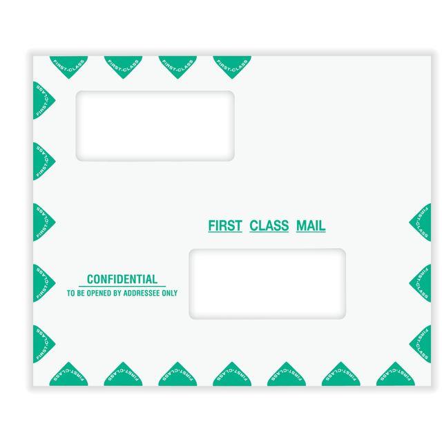 R & R VENTURES PEV22 ComplyRight First Class Double Window Tax Mailer Envelope, Offset Windows, Confidential, Landscape Format, White/Green, Self-Seal, 9-1/2in x 11-1/2in, Pack of 50
