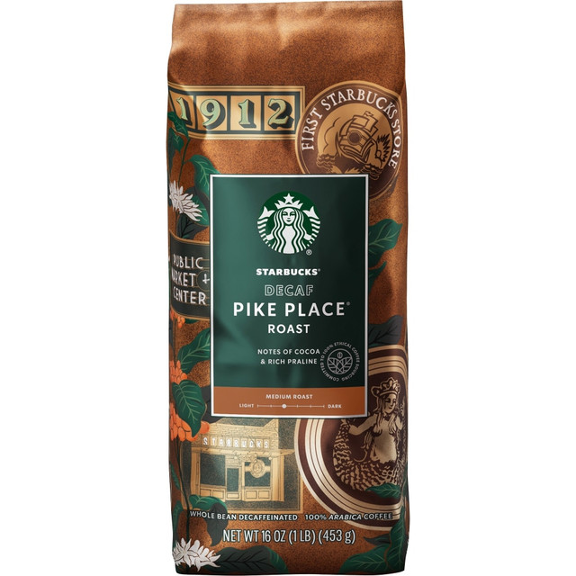 STARBUCKS COFFEE COMPANY 12540222 Starbucks Pike Place Decaf Whole Bean Coffee - Medium - 16 oz - Pike Place Roast - Decaffeinated - 1 Each STARBUCKS COFFEE COMPANY 12540222 Starbucks Pike Place Decaf Whole Bean Coffee - Medium - 16 oz - Pike Place Roast - Decaffeinated - 1 Each