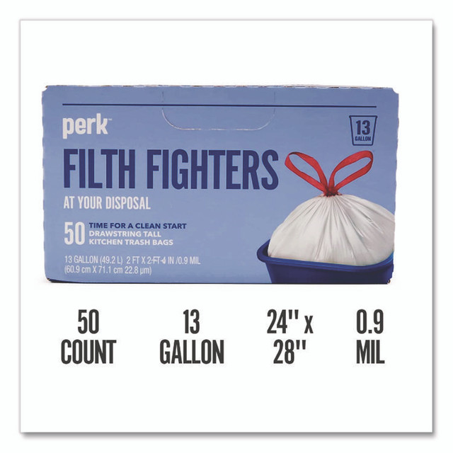 PERK 24377875 Drawstring Tall Kitchen Trash Bags, 13 gal, 28" x 24", White, 50/Box