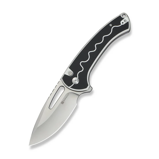 SENCUT S24082A-1 SENCUT Squiggy Flipper & Thumb Hole & Button Lock Knife White / Black G10 Handle SENCUT S24082A-1 SENCUT Squiggy Flipper & Thumb Hole & Button Lock Knife White / Black G10 Handle