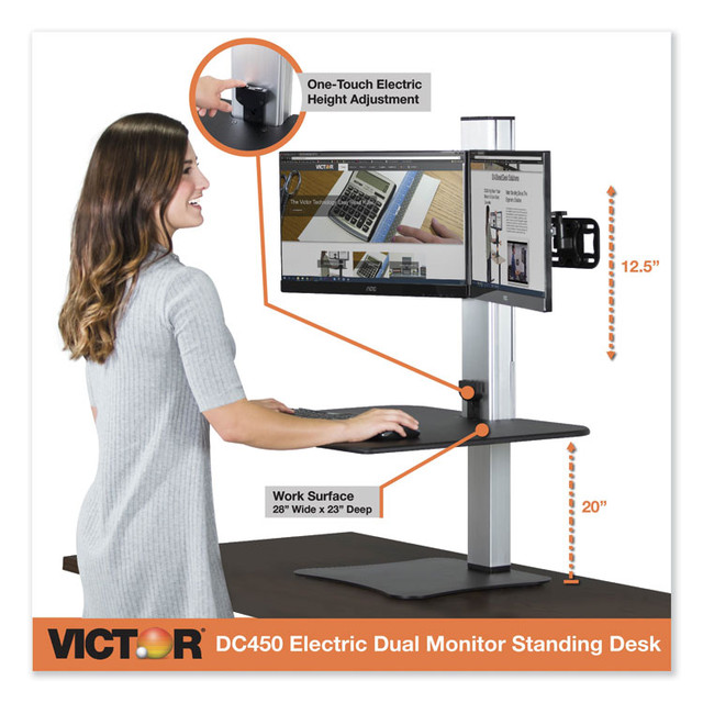 VICTOR TECHNOLOGY LLC DC450 High Rise Electric Dual Monitor Standing Desk Workstation, 28" x 23" x 20.25", Black/Aluminum