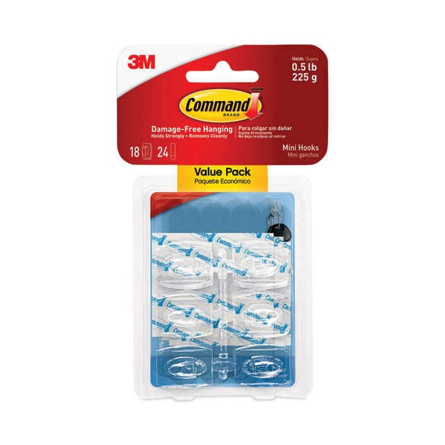 3M/COMMERCIAL TAPE DIV. Command™ 17006CLR18ES Clear Hooks and Strips, Mini, Plastic, 0.5 lb Capacity, 18 Hooks and 24 Strips/Pack