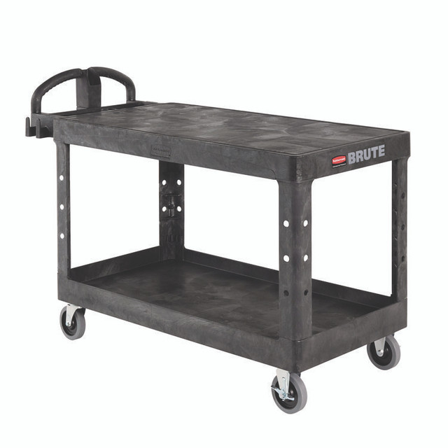 RUBBERMAID COMMERCIAL PROD. 4545 BLA Heavy-Duty Utility Cart with Flat Shelves, Plastic, 2 Shelves, 500 lb Capacity, 25.25" x 54" x 36", Black