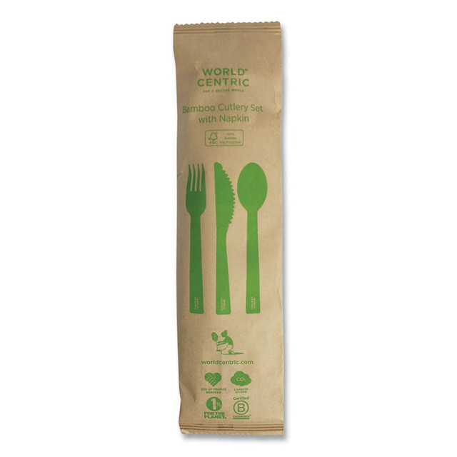 WORLD CENTRIC ASBBTN Bamboo Cutlery, Fork/Knife/Napkin/Spoon, Paper, Natural, 250/Carton
