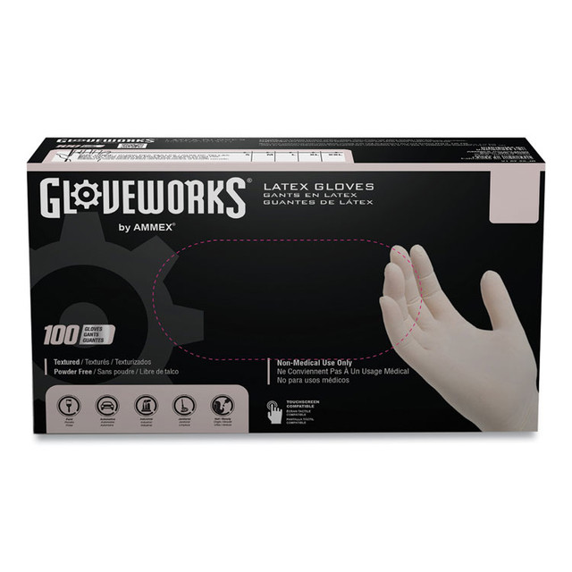 AMMEX CORPORATION GloveWorks® by TLF48100 Latex Disposable Gloves, Powder-Free, X-Large, 4 mil Thick, 9.5" Long, Ivory, 100/Box, 10 Boxes/Carton