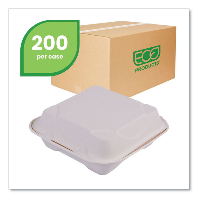 ECO-PRODUCTS,INC. EPHC81NFA Vanguard Renewable and Compostable Sugarcane Clamshells, 1-Compartment, 8 x 8 x 3, White, 200/Carton