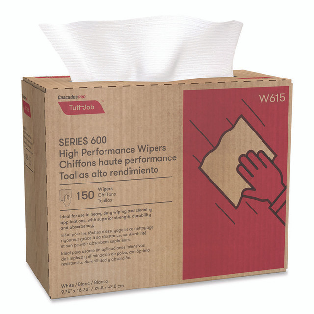 CASCADES TISSUE GROUP PRO W615 Tuff-Job Spunlace Towels, 1-Ply, 9.75 x 16.75, White, 150 Sheets/Pop-Up Box, 6 Boxes/Carton