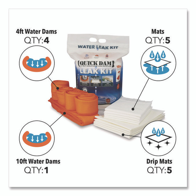 ABSORBENT SPECIALTY PRODUCTS Quick Dam WUKIT Leak Kit, (5) Drip Mats, (5) Mats, (4) 4 ft Water Dams, (1) 10 ft Water Dam