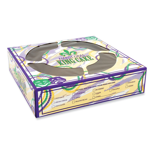 SOUTHERN CHAMPION TRAY SCT® 2486 Mardi Gras King Cake Window Boxes, 10 x 10 x 2.5, Green/Purple/White, Paper, 100/Carton