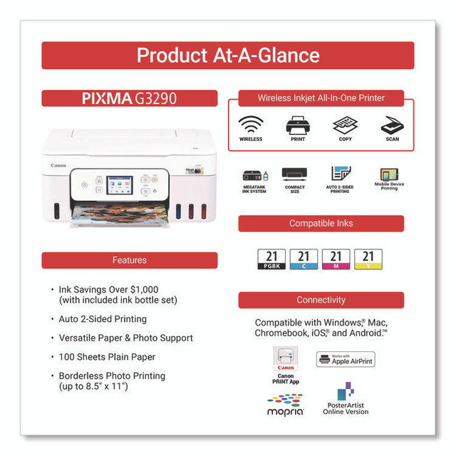 INNOVERA Canon® 6706C022 MegaTank PIXMA G3290 All-in-One Wireless Inkjet Printer, Copy/Print/Scan