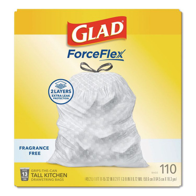 CLOROX SALES CO. Glad® 22541CT ForceFlex Kitchen Drawstring Trash Bags, Drawstring, 13 gal, Unscented, 23.47 x 25.38, White, 110 Bags/Box, 3 Boxes/Carton