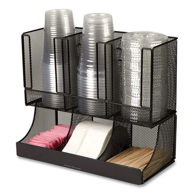 EMS MIND READER LLC UPMESHBLK Network Collection 2-Tier 6-Compartment Coffee Cup and Condiment Countertop Organizer, 5 x 13 x 11.5, Black