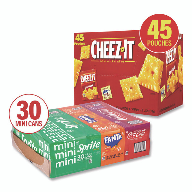 COCA-COLA 60004171 Soda Mini Variety and Cheez-It Combo Pack, (30) 7.5 oz Cans Assorted Flavors, (45) 1.5 oz Pouch Original Cheez-It/Bundle