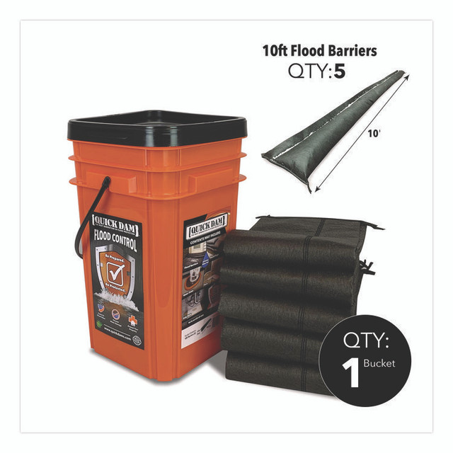 ABSORBENT SPECIALTY PRODUCTS Quick Dam™ QDGG105 Outdoor Grab and Go Bucket Kit, (1) Bucket, (5) 10 ft Flood Barriers