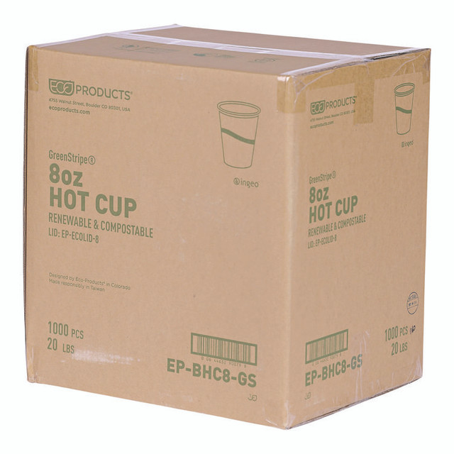 ECO-PRODUCTS,INC. EP-BHC8-GS GreenStripe Renewable and Compostable Hot Cups, 8 oz, Paper, White/Green, 50/Pack, 20 Packs/Carton