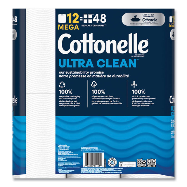 KIMBERLY CLARK Cottonelle® 55489 Ultra CleanCare Toilet Paper, Strong Tissue, Septic Safe, 1-Ply, White, 284 Sheets/Roll, 12 Rolls/Pack, 48 Rolls/Carton
