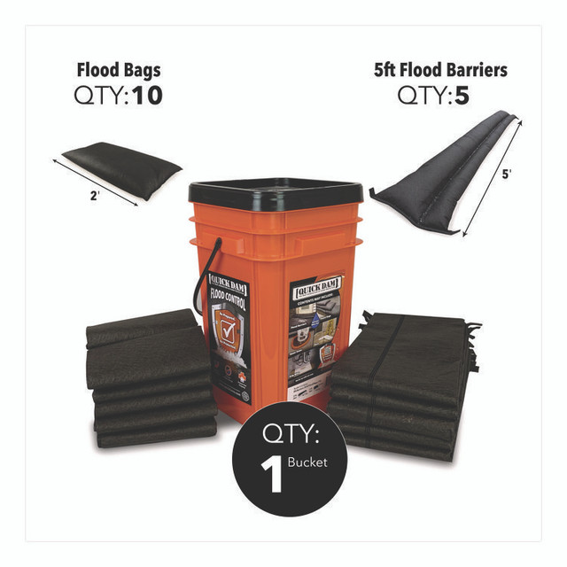 ABSORBENT SPECIALTY PRODUCTS Quick Dam™ QDGGCO Outdoor Grab and Go Bucket Kit, (1) Bucket, (10) Flood Bags, (5) Flood Barriers