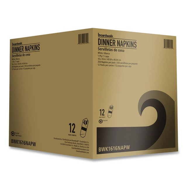BOARDWALK 1616NAPW Dinner Napkins, 1-Ply, 16" x 16", White, 250/Pack, 12 Packs/Carton