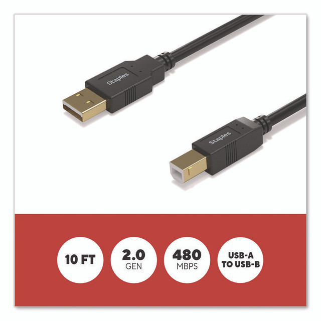 STAPLES BRANDS GROUP TECH ST62443 USB-A to USB-B 2.0 Cable, 10 ft, Black