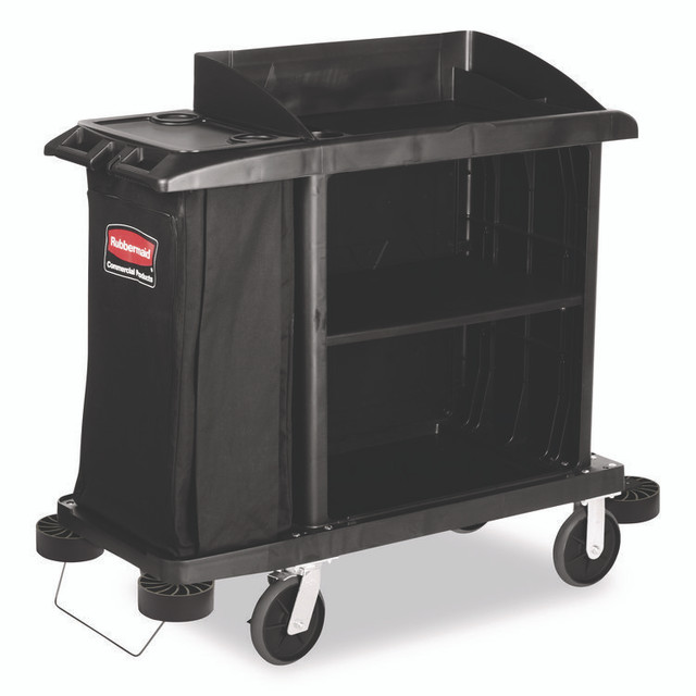 RUBBERMAID COMMERCIAL PROD. 6190 BLA Multi-Shelf Cleaning Cart, Plastic, 4 Shelves, 1 Bin, 22" x 49" x 50", Black