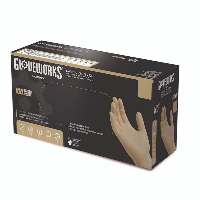 AMMEX CORPORATION GloveWorks® by ILHD42100 Extra Thick Latex Disposable Gloves, Powder-Free, Small, 6 mil Thick, 9.5" Long, Ivory, 100/Box, 10 Boxes/Carton