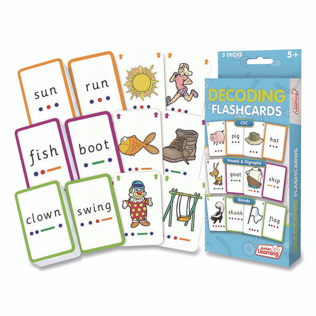 JUNIOR LEARNING Inc® 211 Decoding Flashcards: Blend Patterns, CVC Words, Vowels/Digraphs, Grades K to 1, Assorted Colors, 54 Cards/Deck, 3 Decks