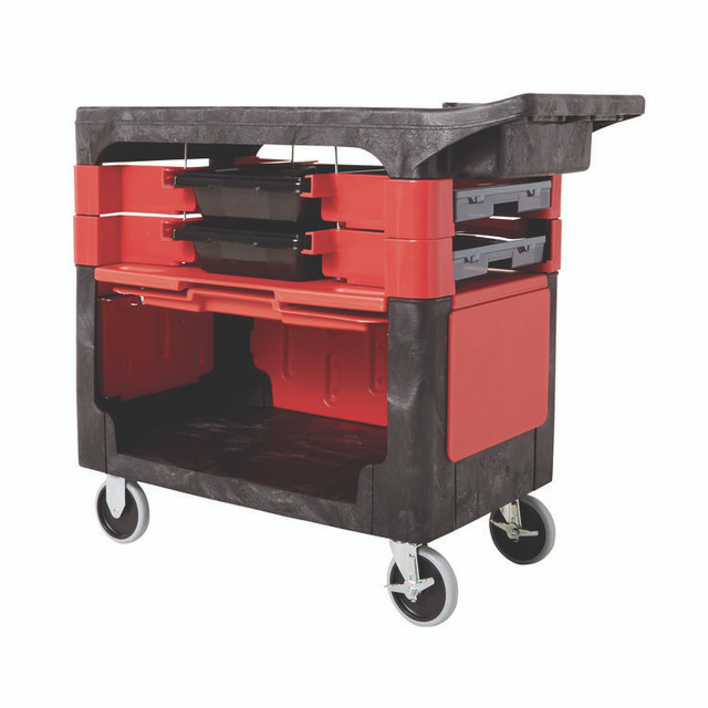 RUBBERMAID COMMERCIAL PROD. 6180-88 BLA Trades Cart with Locking Storage Area, Plastic, 2 Shelves, 2 Drawers, 330 lb Capacity, 19.25" x 38" x 33.38", Black