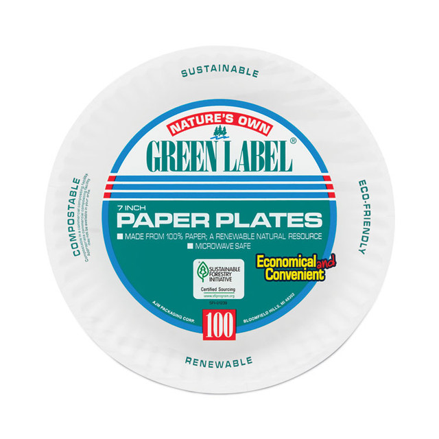 AJM PACKAGING CORP. Corporation PP7GREWH White Paper Plates, 7" dia, 100/Pack, 10 Packs/Carton