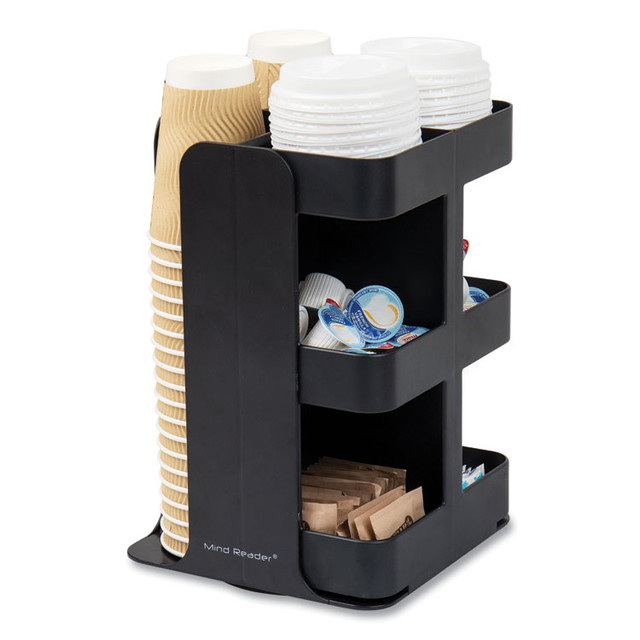 EMS MIND READER LLC CUPOSPINBLK Anchor Collection 8-Compartment Coffee Cup, Lid, and Condiment Carousel Countertop Organizer, 8 x 8 x 12, Black
