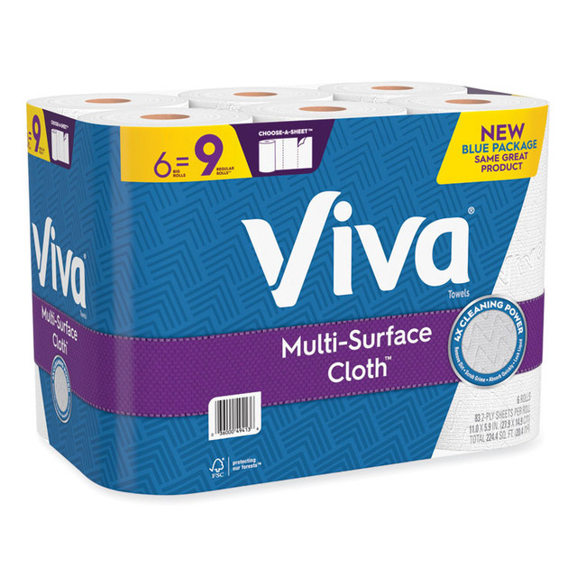 KIMBERLY CLARK Viva® 49413 Multi-Surface Cloth Choose-A-Sheet Kitchen Roll Paper Towels 2-Ply, 11 x 5.9, White, 83/Roll, 6 Rolls/Pack, 4 Packs/Carton