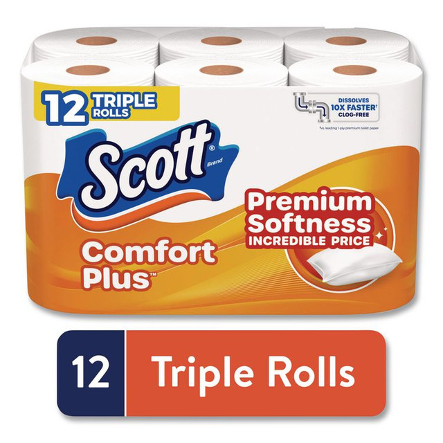 KIMBERLY-CLARK PROFESSIONAL Scott® 47618 ComfortPlus Toilet Paper, Double Roll, Bath Tissue, Septic Safe, 1-Ply, White, 231 Sheets/Roll, 12 Rolls/Pack, 4 Packs/Carton