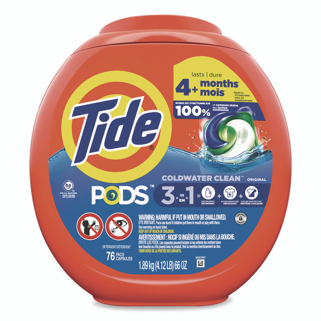 PROCTER & GAMBLE Tide® 09165CT PODS Laundry Detergent, HE Compatible, Coldwater Clean Original, 66 oz Tub, 76 Pods/Tub, 4 Tubs/Carton