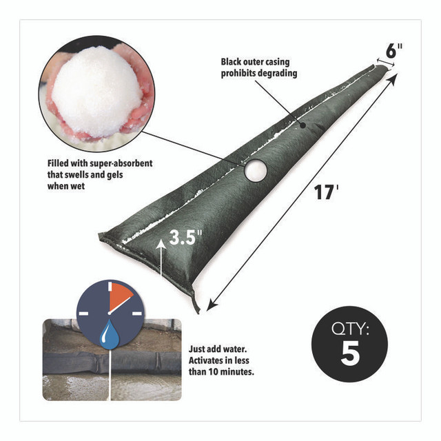 ABSORBENT SPECIALTY PRODUCTS Quick Dam™ QD6175 Flood Barriers, 6" x 17 ft x 3.5", 5/Box