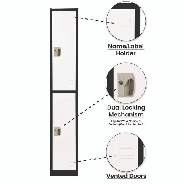 ADIROFFICE I629202BW Steel Storage Locker, 2 Compartment, 12 x 12 x 72, Black Body/White Doors