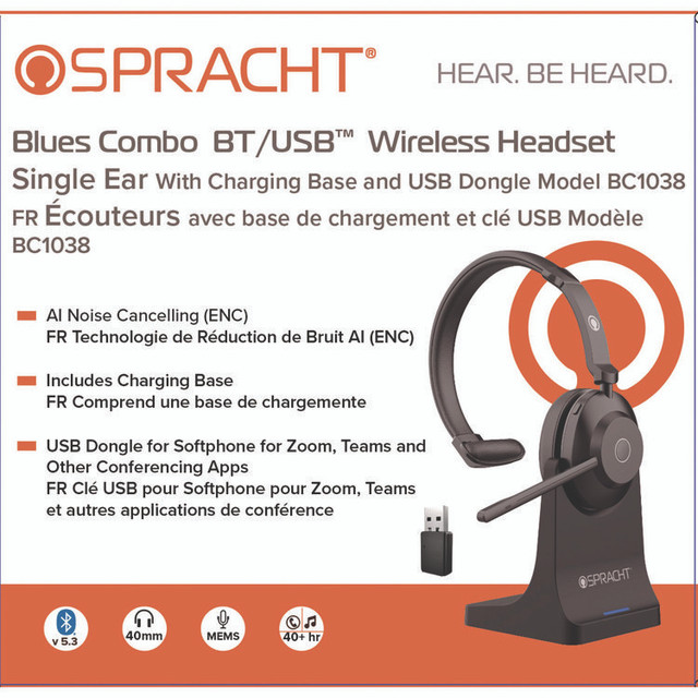 SPRACHT BC1039 Blues Combo Monaural Headset, Over The Head, Black