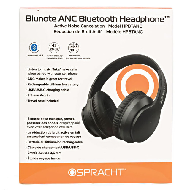 SPRACHT HPBTANC Blunote ANC Bluetooth Headphone, Black