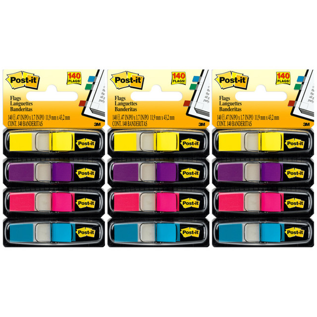 3M COMPANY Post-it® Highlighting Flags, Bright Colors, .47 in. Wide, 35 Flags/Dispenser, 4 Dispensers/Pack, 3 Packs