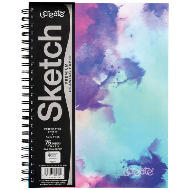DIXON TICONDEROGA CO UCreate® Fashion Poly Sketch Book, Watercolor Splash, Unruled, 12" x 9"