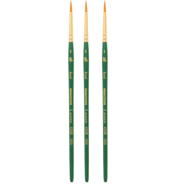 DIXON FINE ART Princeton Lauren Round Brush, Synthetic Bristles, Short Handle Watercolor Paintbrush, Evergreen, Size 2, Pack of 3