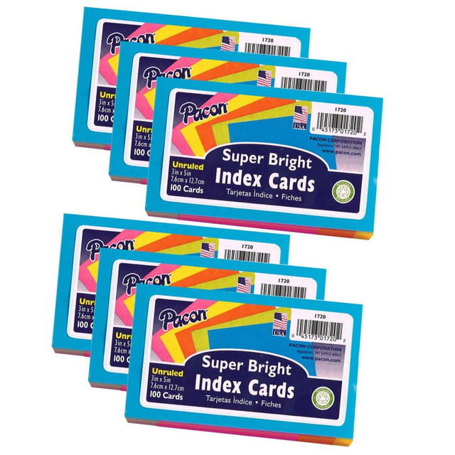 DIXON TICONDEROGA CO Pacon® Index Cards, 5 Super Bright Assorted Colors, Unruled, 3" x 5", 100 Cards Per Pack, 6 Packs